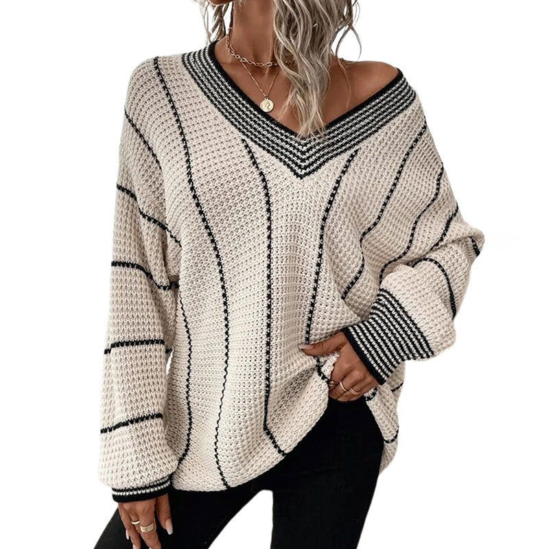 Streetwave Women's Striped V Neck Knit Pullover for Cozy Winter Warmth and Relaxed Fit