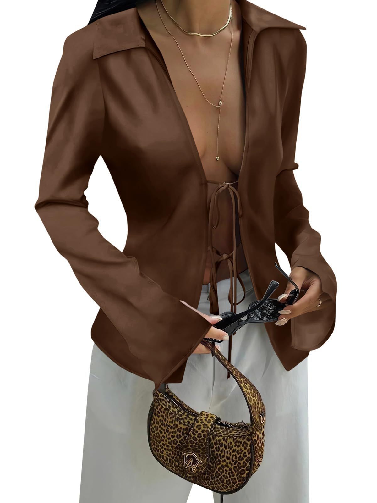 Street-Wave Women's Elegant Lace-Up Blouse With Wide Sleeves For Style Conscious Professionals Breathable Fabric