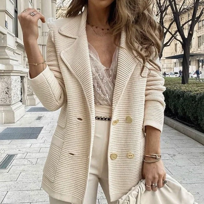 Streetwave Women Tailored Cardigan Blazer With Double Button Placket Light Blue Knit Elegant Officewear