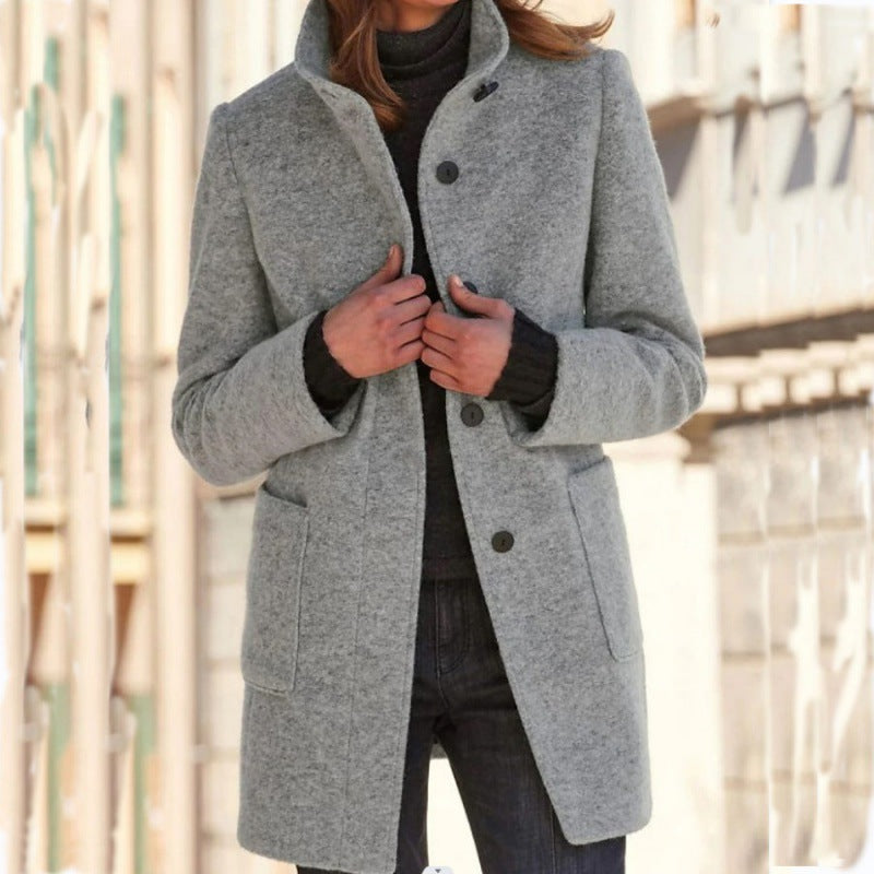 Street-Wave Womens Wool Jacket With Practical Pockets And Button Closure For Elegant Warmth