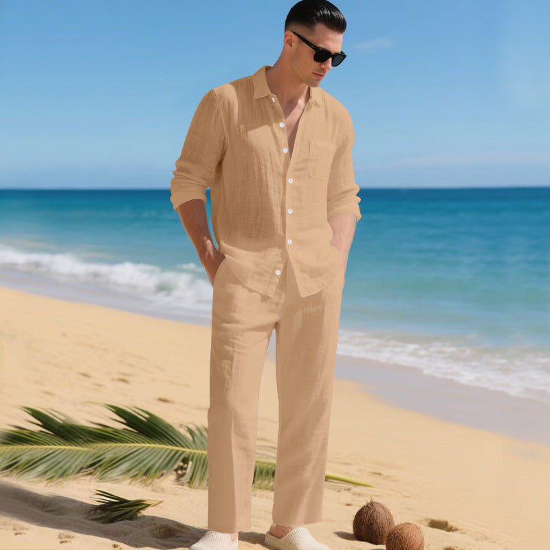 Street-wave Men's Lightweight Linen Outfit With Breathable Shirt And Elegant Trousers Summer Ready