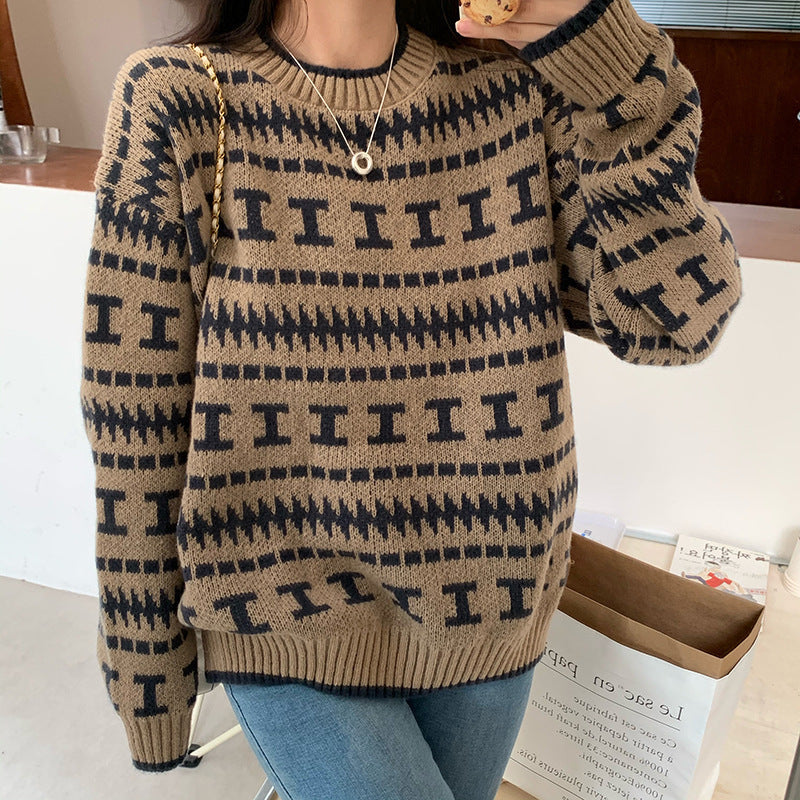 Street-Wave Womens Geometric Knit Sweater With Modern Pattern And Soft Wool For Cozy Fall Winter
