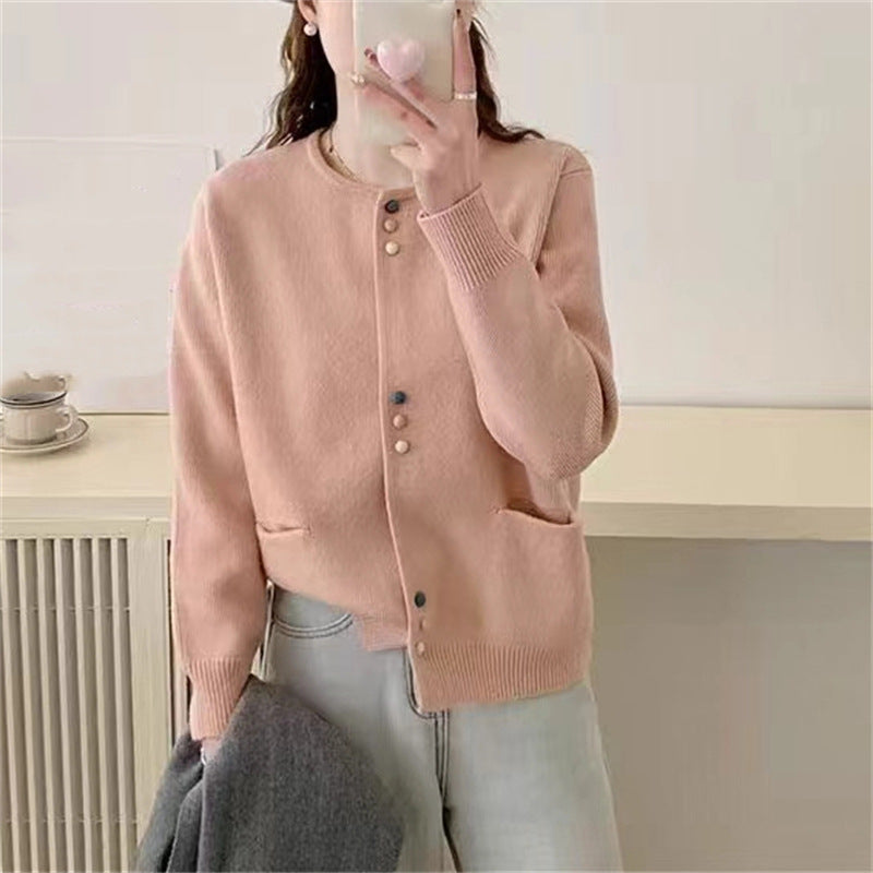 Street-wave Women's Cozy Cardigan With Soft Knit Colorful Buttons And Practical Pockets