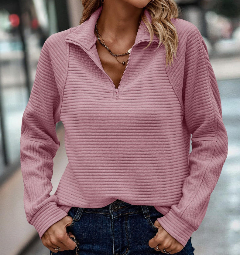 Street-wave Women's Structured Zip Neck Knit Pullover Textured for Effortless Winter Chic