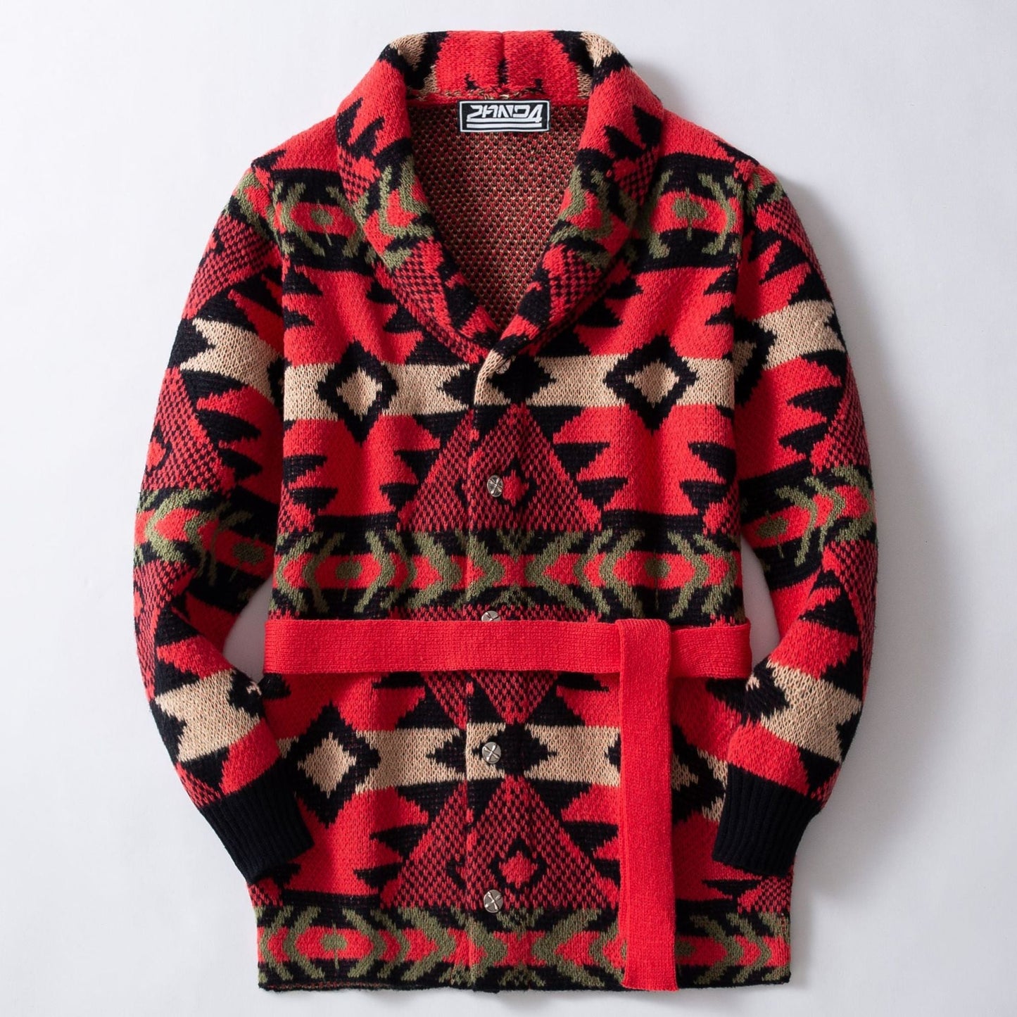 Street Wave Womens Knit Cardigan With Bold Geometric Pattern And Wide Shawl Collar