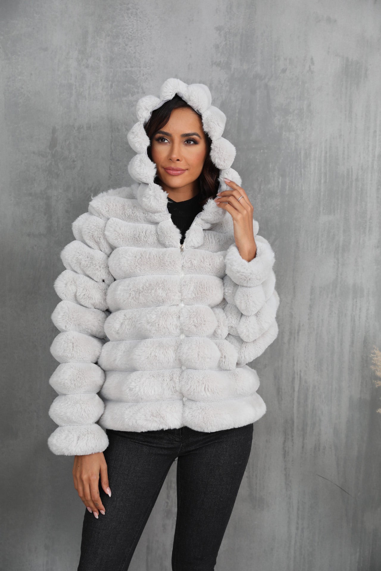 Streetwave Womens Faux Fur Hoodie Jacket With Structured Pattern For Cold Days Warm And Cozy