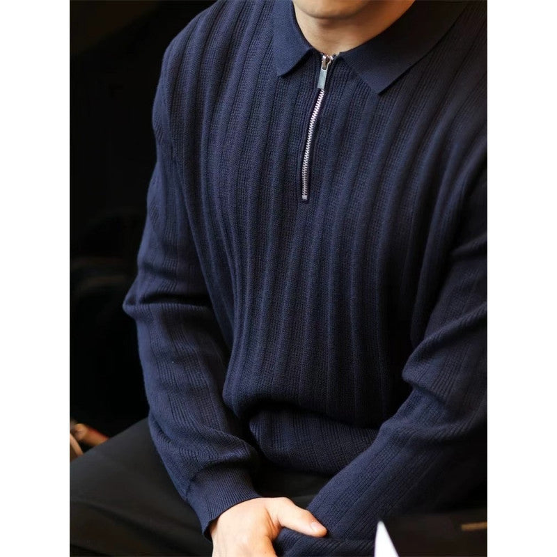 Street Wave Mens Knit Sweater With Zip Collar And Ribbed Texture For Effortless Everyday Style