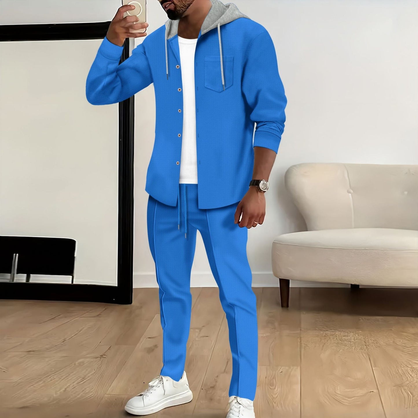 Street-Wave Men's Casual Tracksuit With Button-Front Top And Hooded Jacket For Everyday Leisure