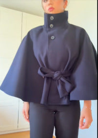 Street-Wave Cape Jacket With Knot Detail And Voluminous Sleeves For Women, Elegant Wardrobe Essential