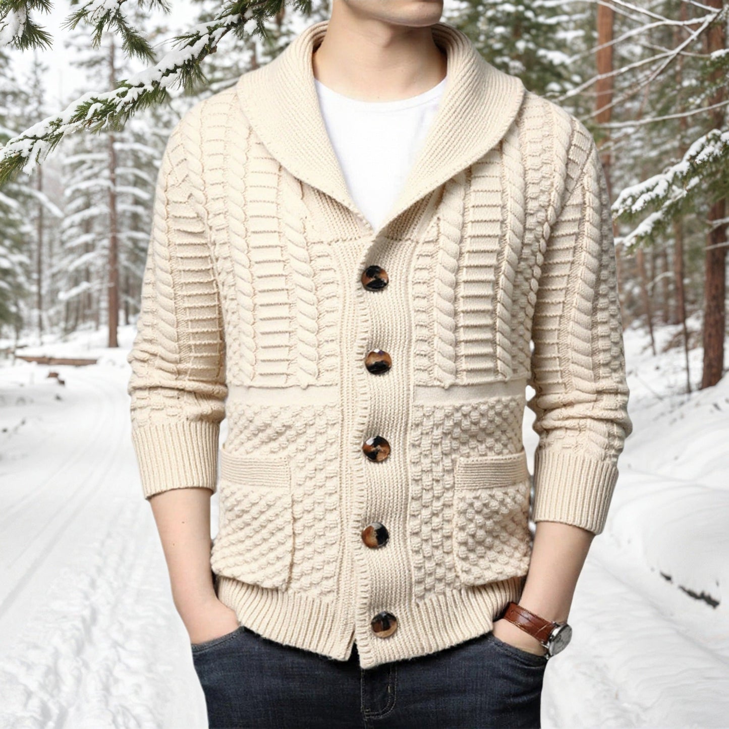 Street-wave Men's Cable Knit Cardigan With Deep V-Neck And Cozy Warmth For Winter Style And Cold Weather Comfort