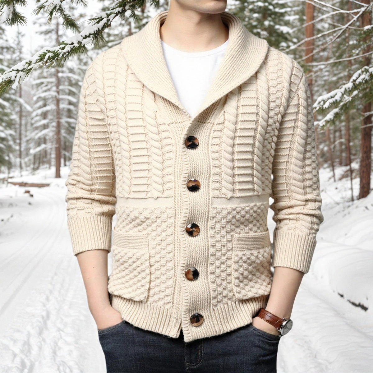 Street-wave Men's Cable Knit Cardigan With Deep V-Neck And Cozy Warmth For Winter Style And Cold Weather Comfort