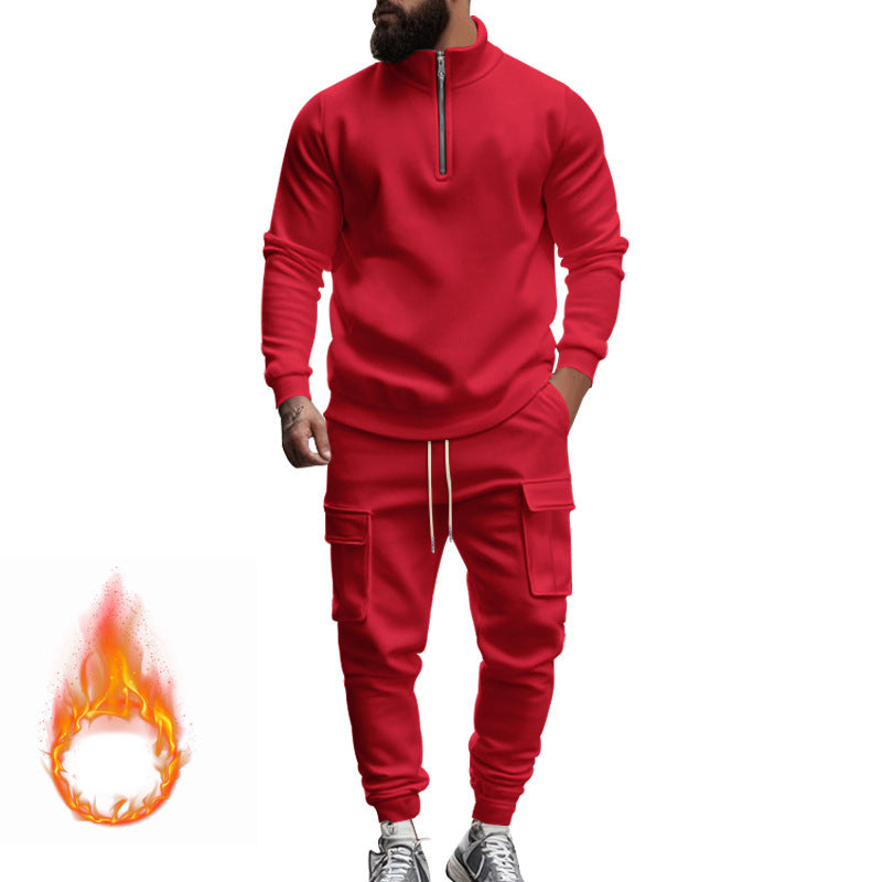 Street-wave Men's Fleece Set With Zip Front Hoodie And Cargo Joggers For Active Comfort