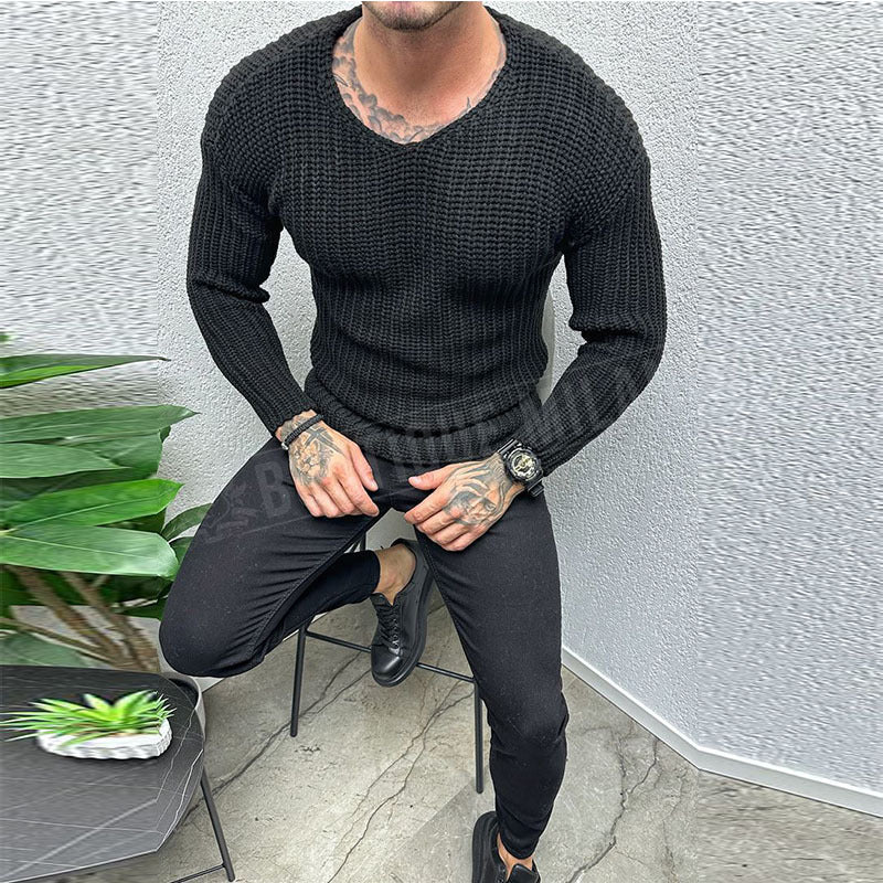 Men's Slim Fit Heavy Wool Knit Sweater Round Neck Long Sleeve Casual Winter Wear Street-Wave