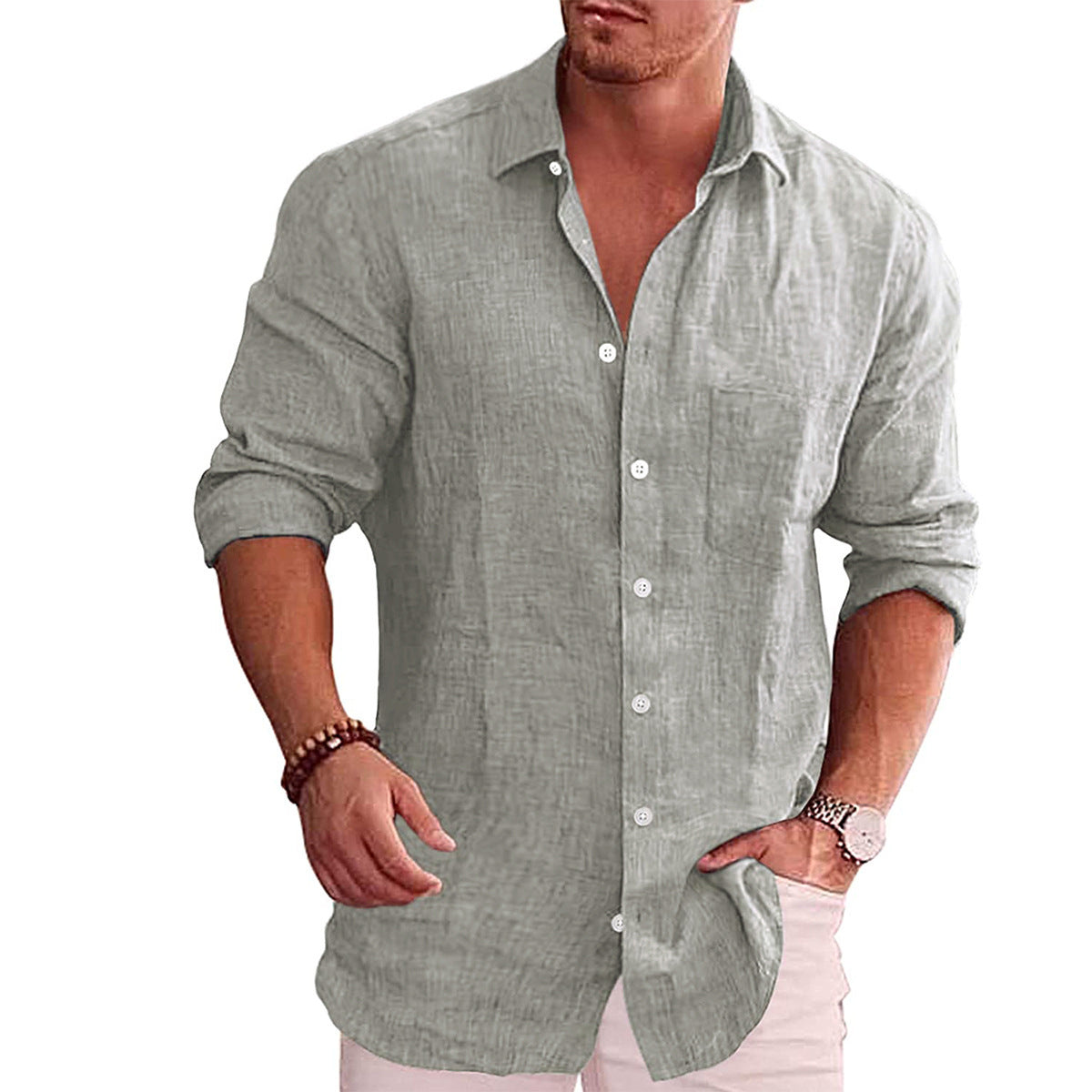 Street Wave Mens Linen Shirt With Chest Pocket Breathable Long Sleeve Relaxed Fit