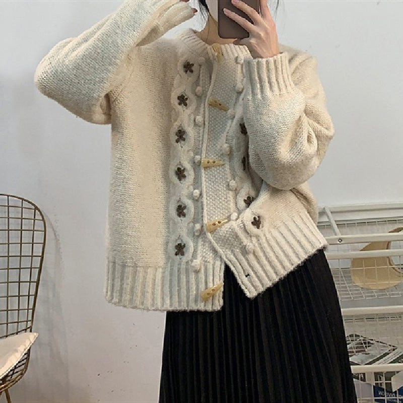 Street-Wave Floral Knit Cardigan For Women Cozy Cotton Acrylic Blend Soft Warmth