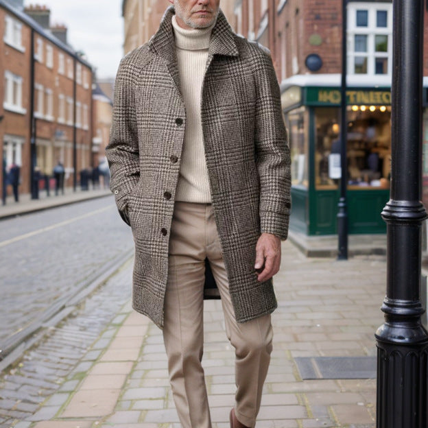 Street-Wave Men's Classic Plaid Wool Coat With Belt Timeless Warmth For Urban Gentlemen Premium Craftsmanship