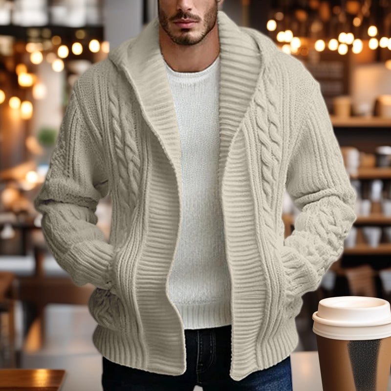 Street-Wave Mens Cable Knit Cardigan With Wide Collar Cozy Warm Winter Knit For Men Everyday Style