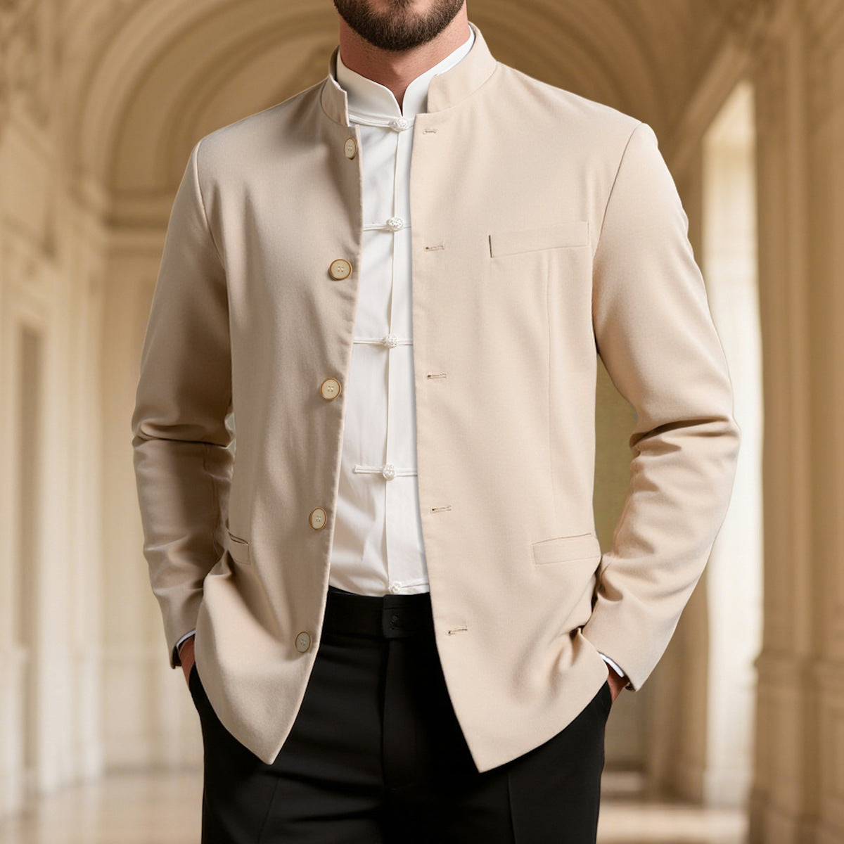 Street-wave Men Stand Collar Blazer Elegant Breathable Comfort For Modern Gentlemen