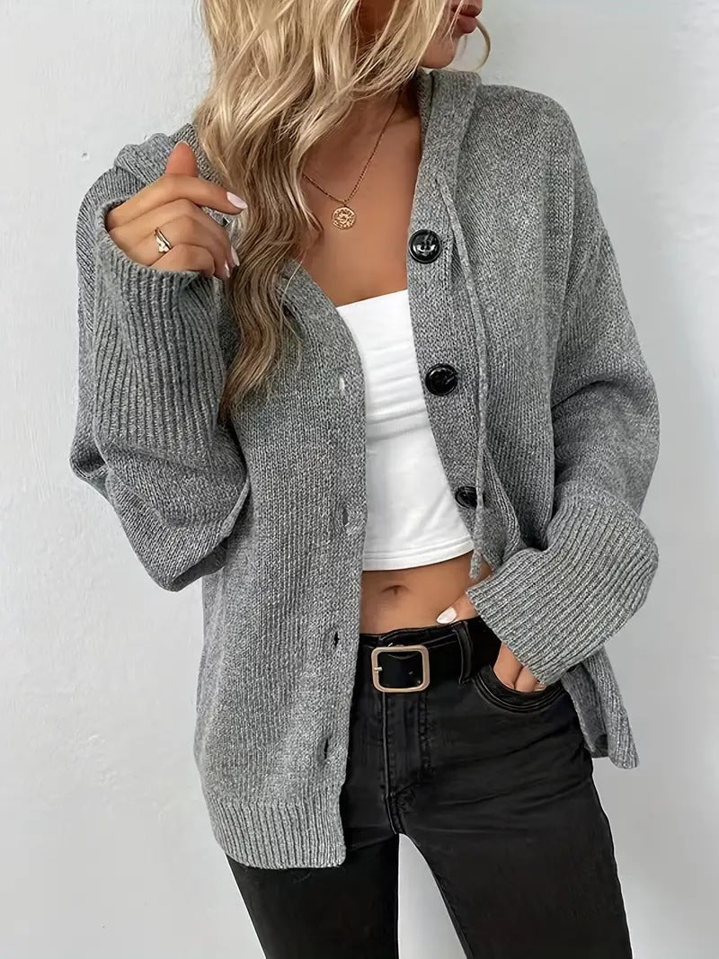 Street-Wave Women's Hooded Knit Cardigan With Button Closure For Cozy Everyday Wear