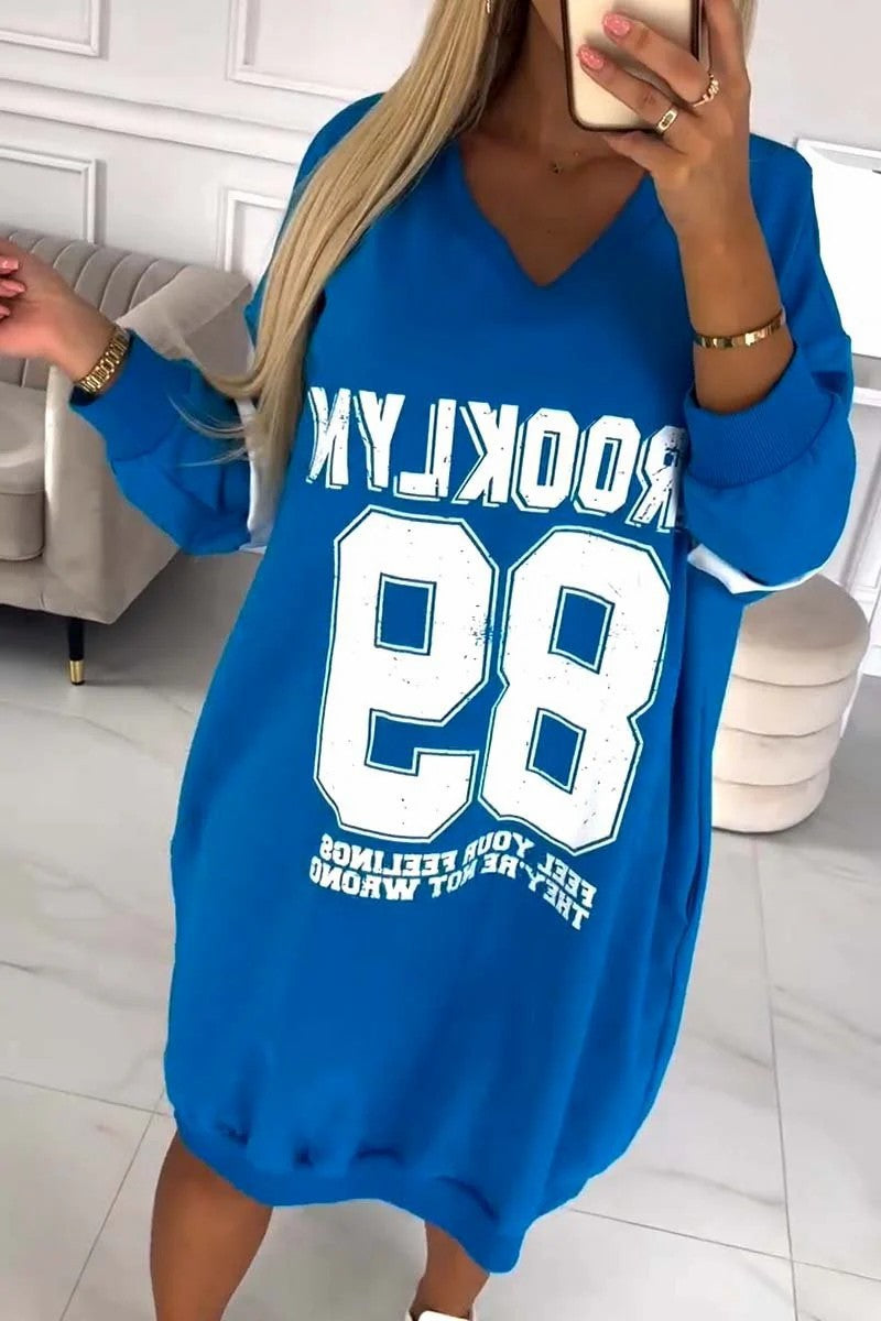 Street-Wave Oversized Sport Dress With V-Neck And Contrasting Sleeves For Women Casual Comfort