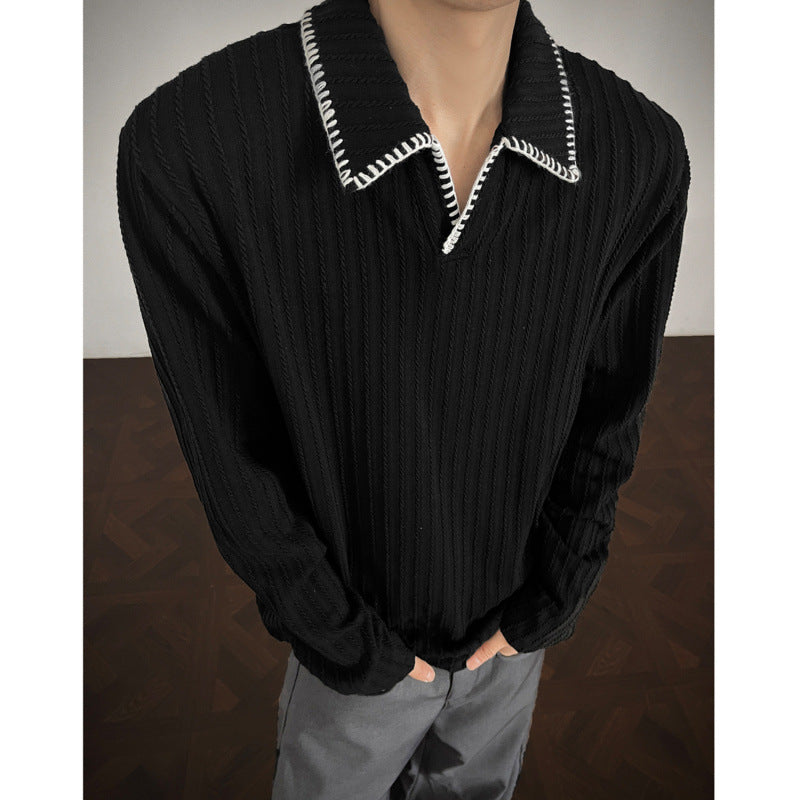 Street-Wave Men's Pullover Ribbed Knit With Contrast Collar For Everyday Comfort Upgrade