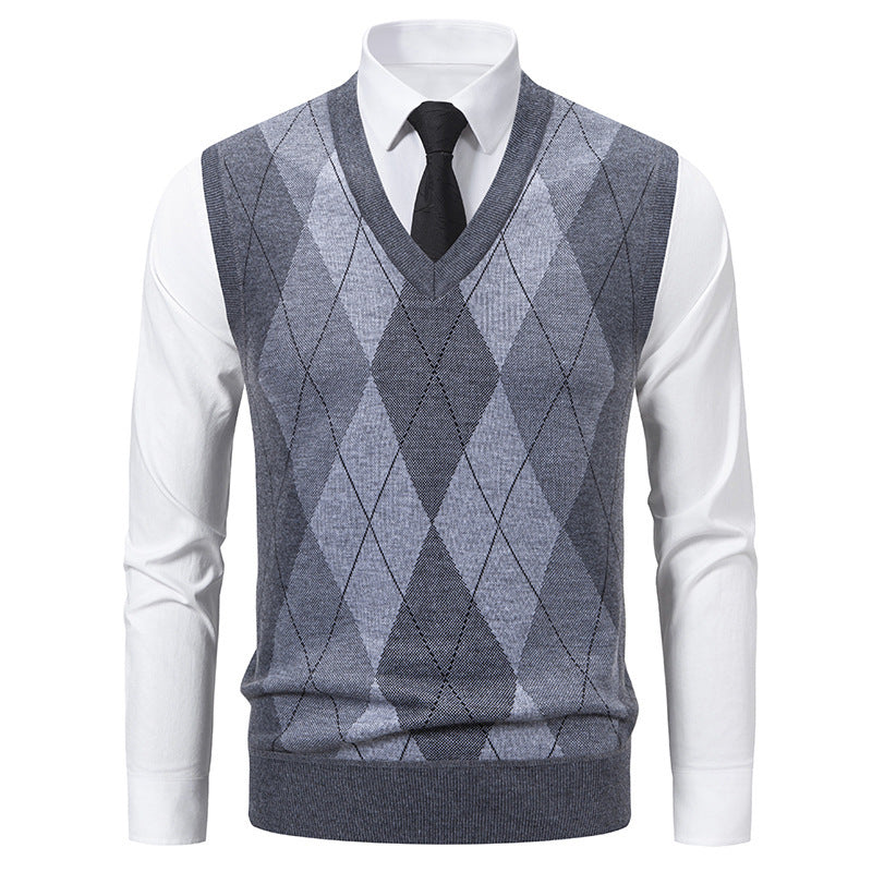 Street-wave Mens V Neck Argyle Sweater Cotton Knit For Smart Casual And Formal Wear