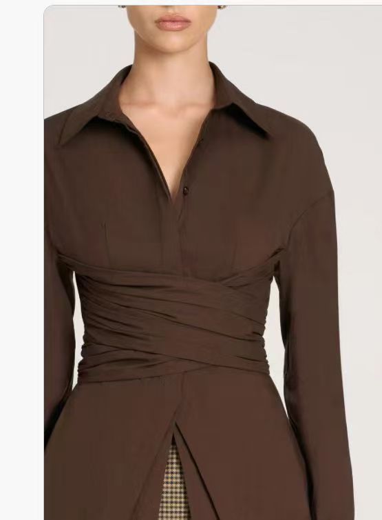 Street-Wave Designer Button-Down Blouse for Style-Savvy Women, 100% Cotton Comfort, Wrap Waist
