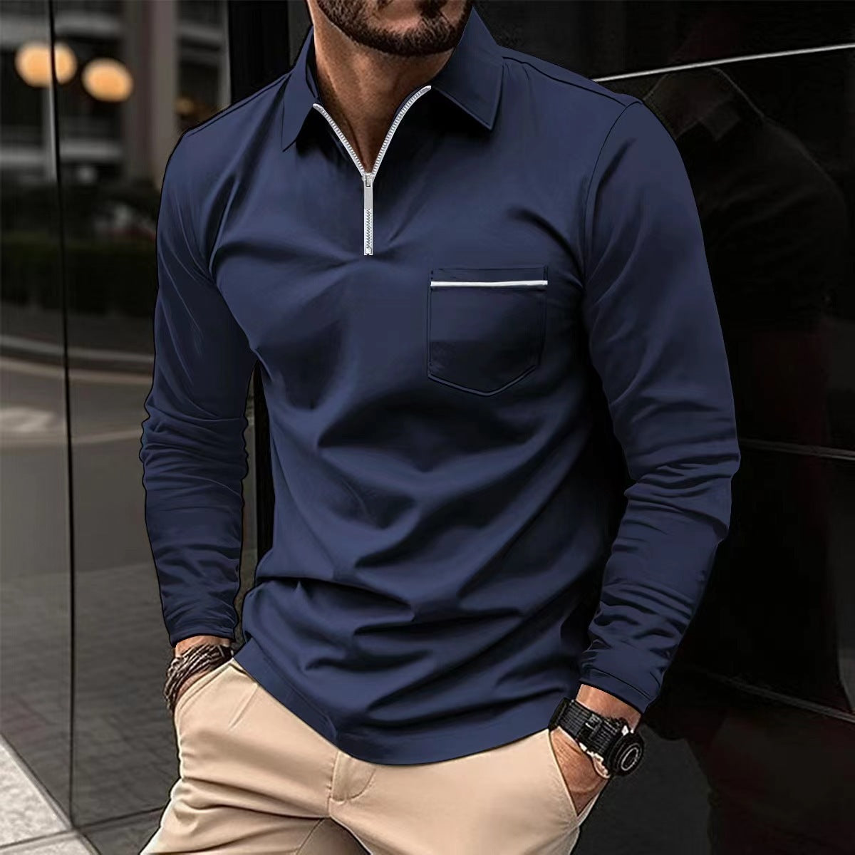 Street-wave Men's Zip Front Long Sleeve Shirt With Chest Pocket For Modern Casual And Formal Wear