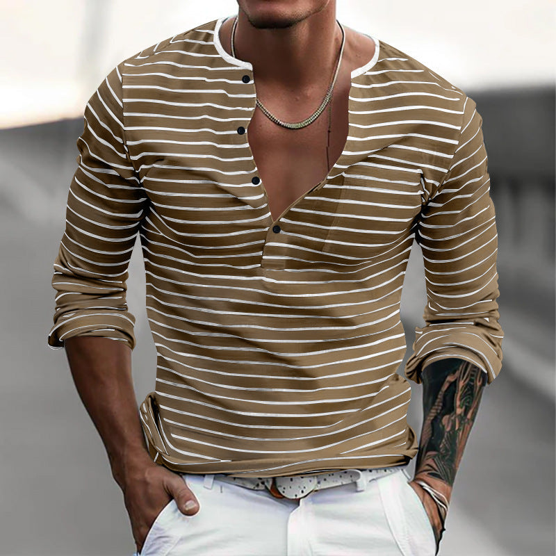 Street-wave Men's Striped Long Sleeve Henley Shirt With V-Neck Button Placket For Casual Style