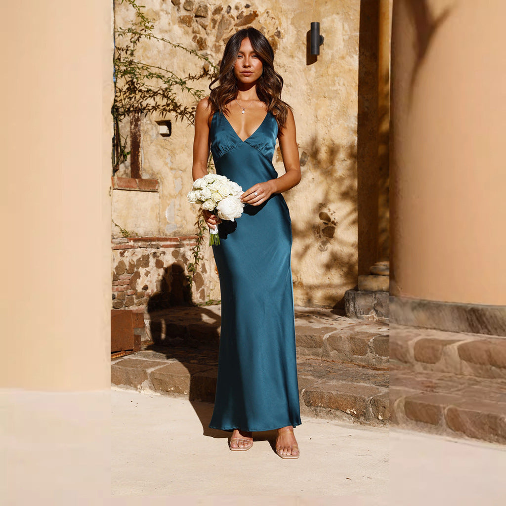 Street Wave Satin Maxi Dress For Women With Elegant V Neck And Flowing Silhouette Perfect For Special Occasions