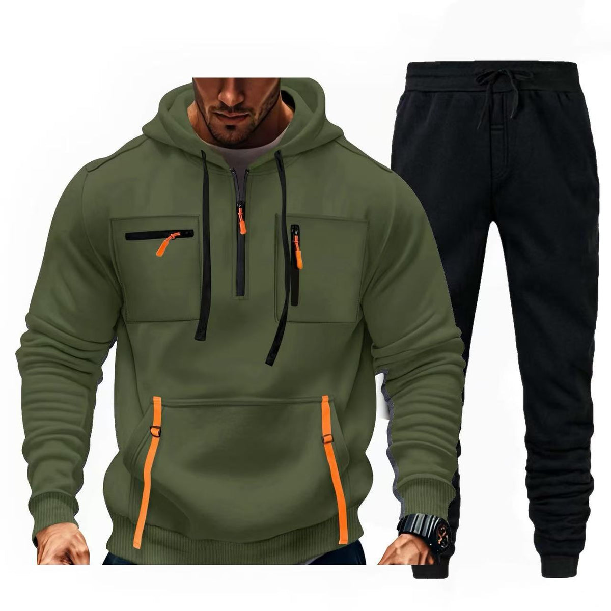 Street-wave Men's Multifunctional Hoodie And Jogger Set For Active Lifestyles With Zipper Pockets And Comfort