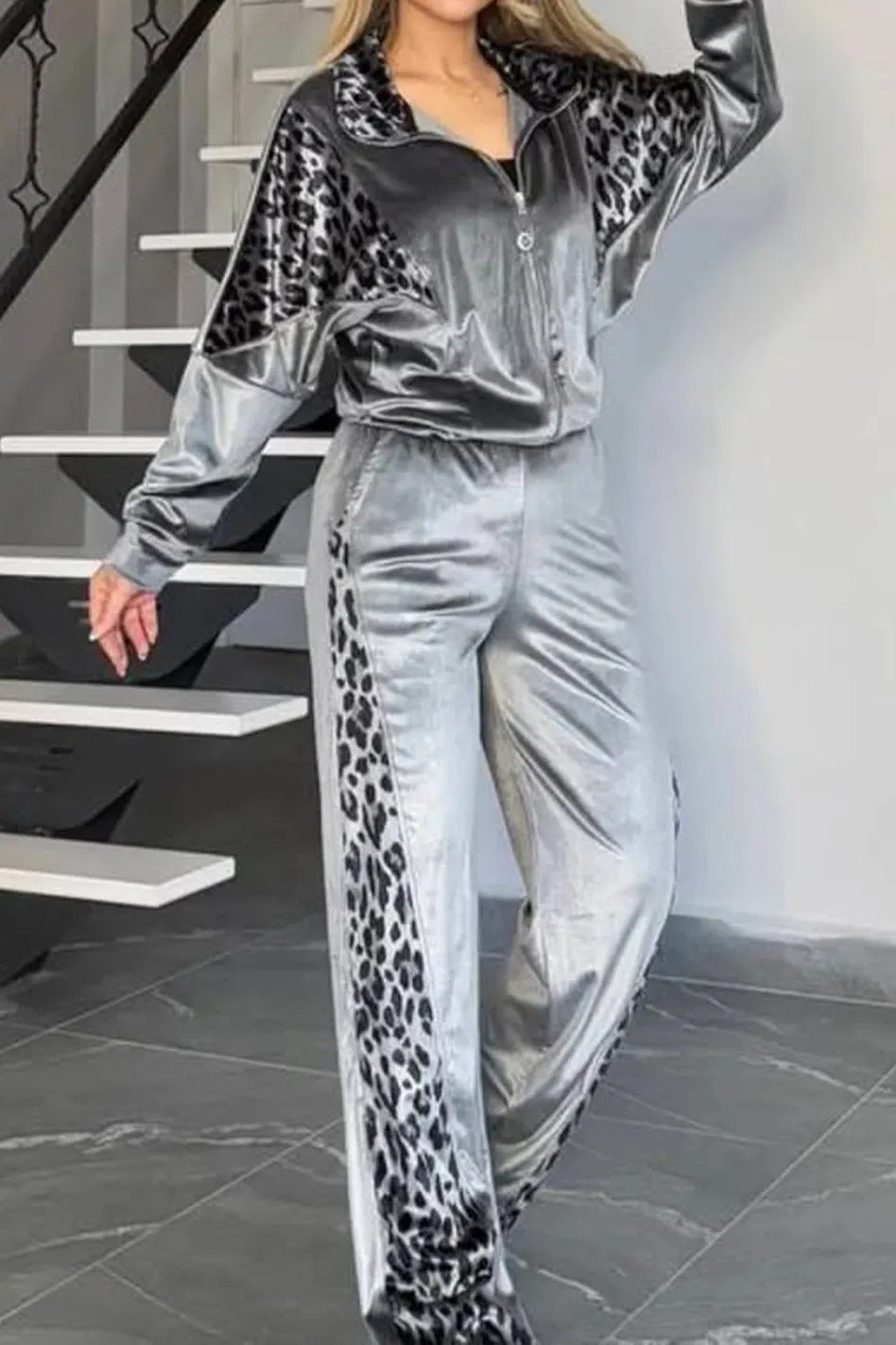 Street-Wave Leopard Print Faux Leather Two-Piece Set for Women With Luxurious Velvet-Look Finish and Wide-Leg Pants