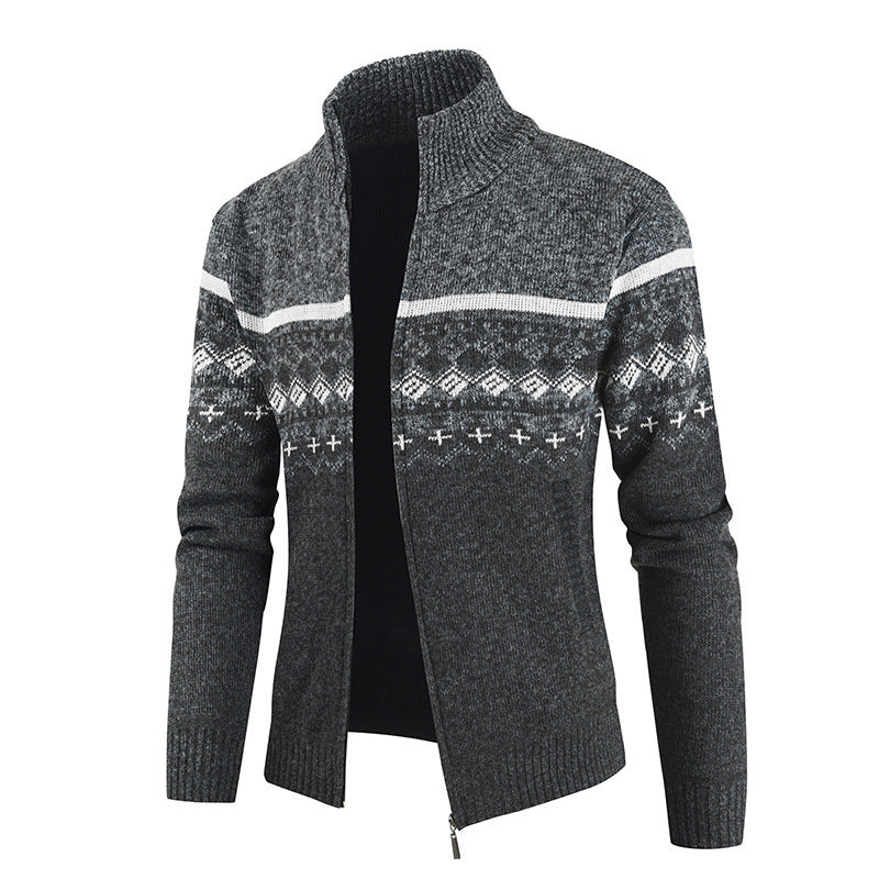 Street-Wave Men's Knit Cardigan With Geometric Pattern And High Collar Breathable Cotton