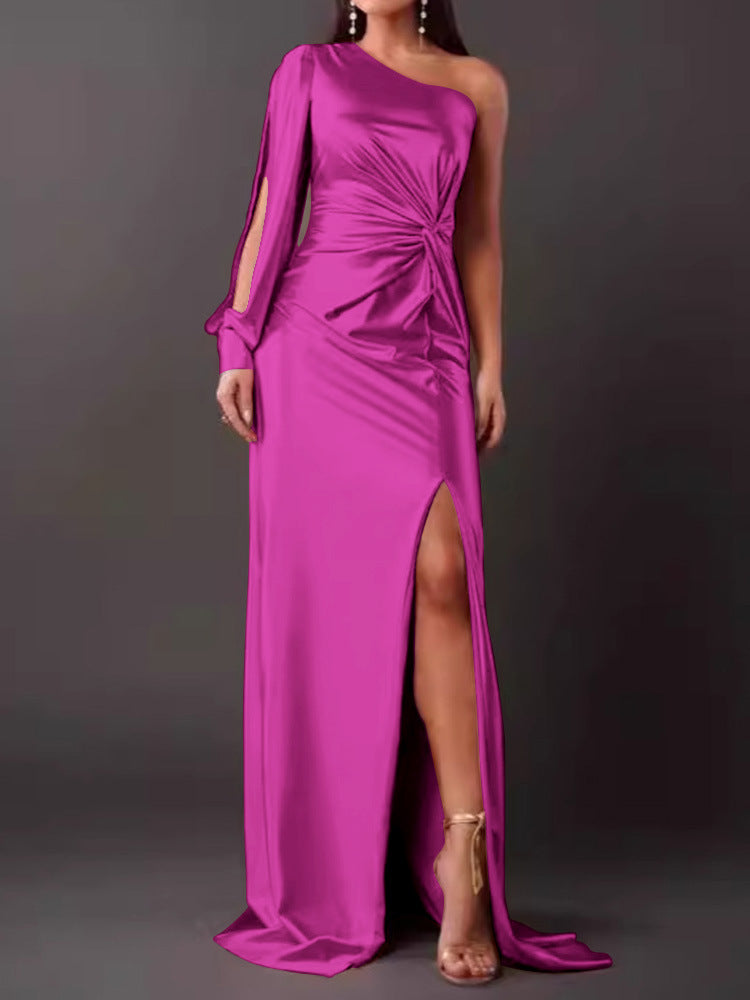 Street-wave Glamorous Navy Satin Evening Dress With Asymmetrical Neckline, Ruched Pleats, High Slit For Women