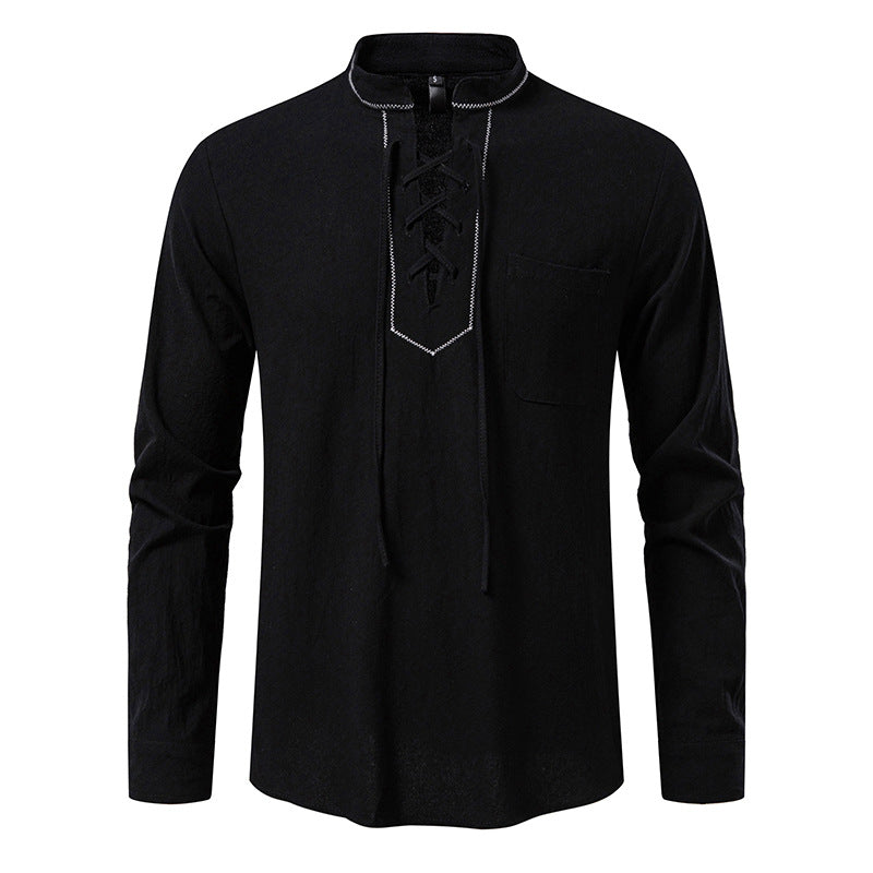 Streetwave Men Long Sleeve Shirt With Stand Collar And Lace Up Detail Premium Breathable Comfort
