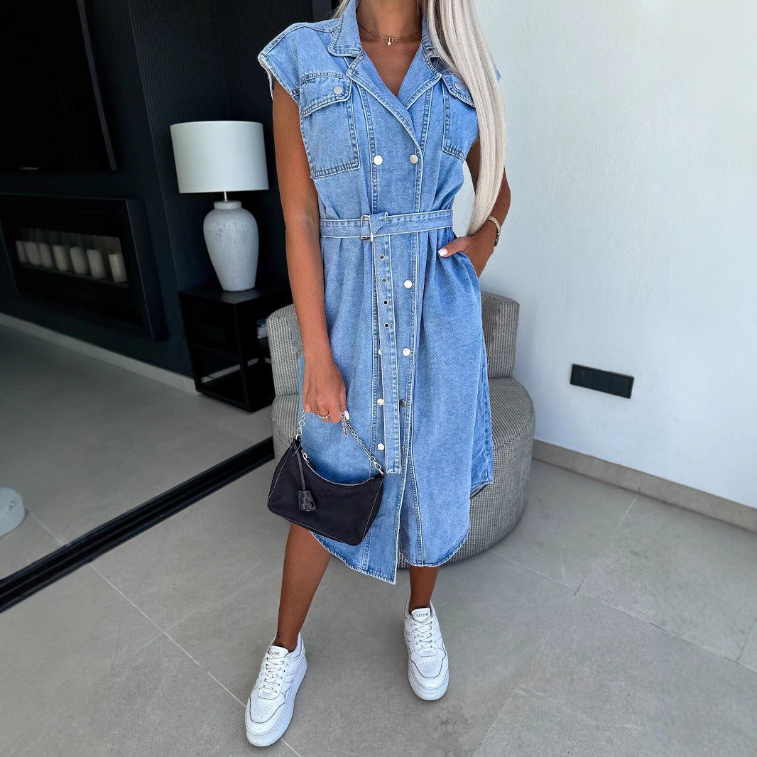 Street Wave Women's Denim Dress Sleeveless Midi Button Front Tie Belt