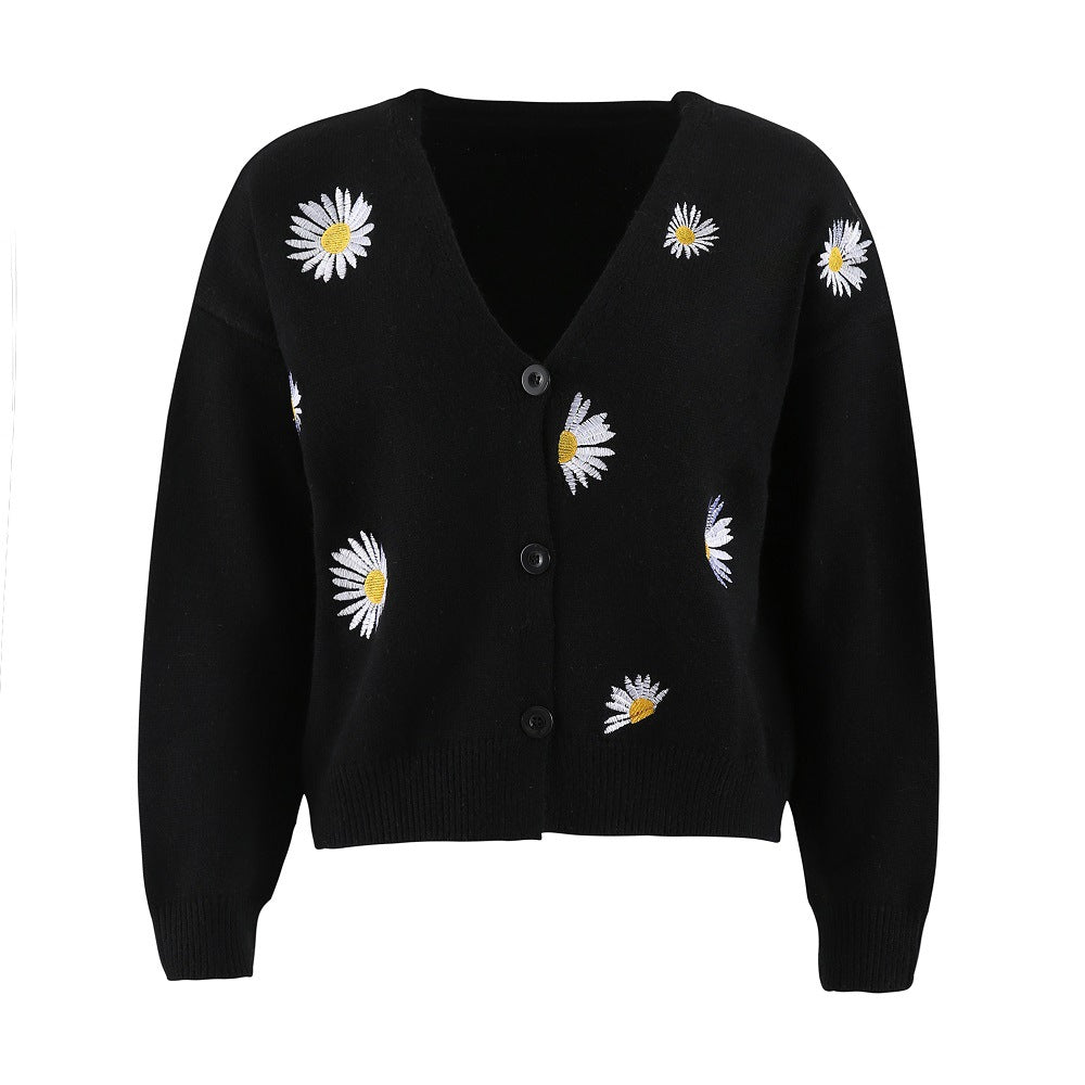 Floral Embroidered V Neck Cardigan For Women Cozy Cotton Street-wave Versatile Everyday Wear