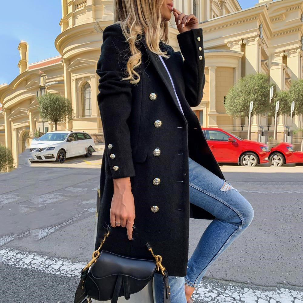 Street-wave Elegant Wool Coat With Shimmering Buttons For Women Luxurious Warmth And Style