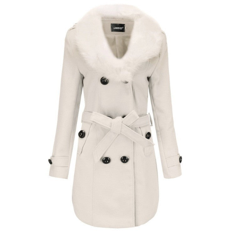 Street-wave Women's Elegant Transitional Coat With Removable Faux Fur Collar Belted Double-Breasted Warm