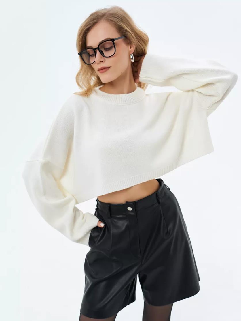 Streetwave Women's Crop Sweater Oversized Loose Fit with Wide Sleeves and Structured Knit