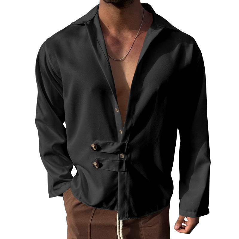Streetwave Mens Elegant Shirt With Innovative Button Design And Deep V Neck For Modern Men