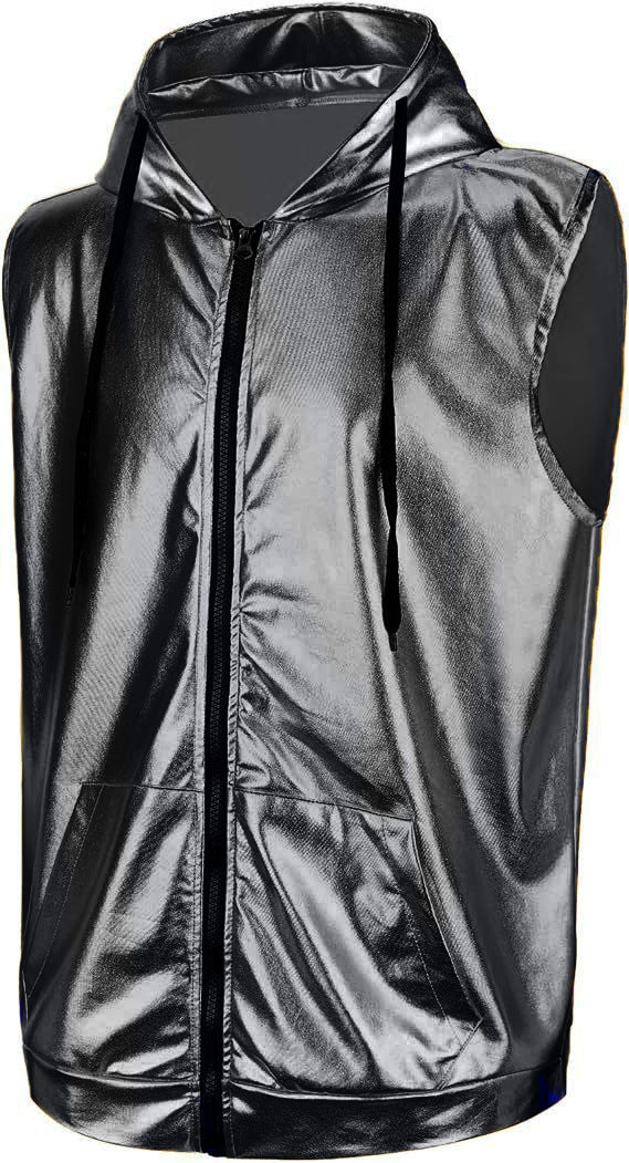 Street Wave Mens Shiny Metallic Hooded Vest With Front Pockets For Active Athletes
