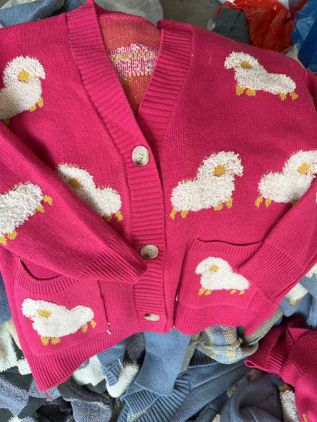 Streetwave Women Knit Cardigan With Playful Sheep Motif Cozy Cotton Blend Pockets