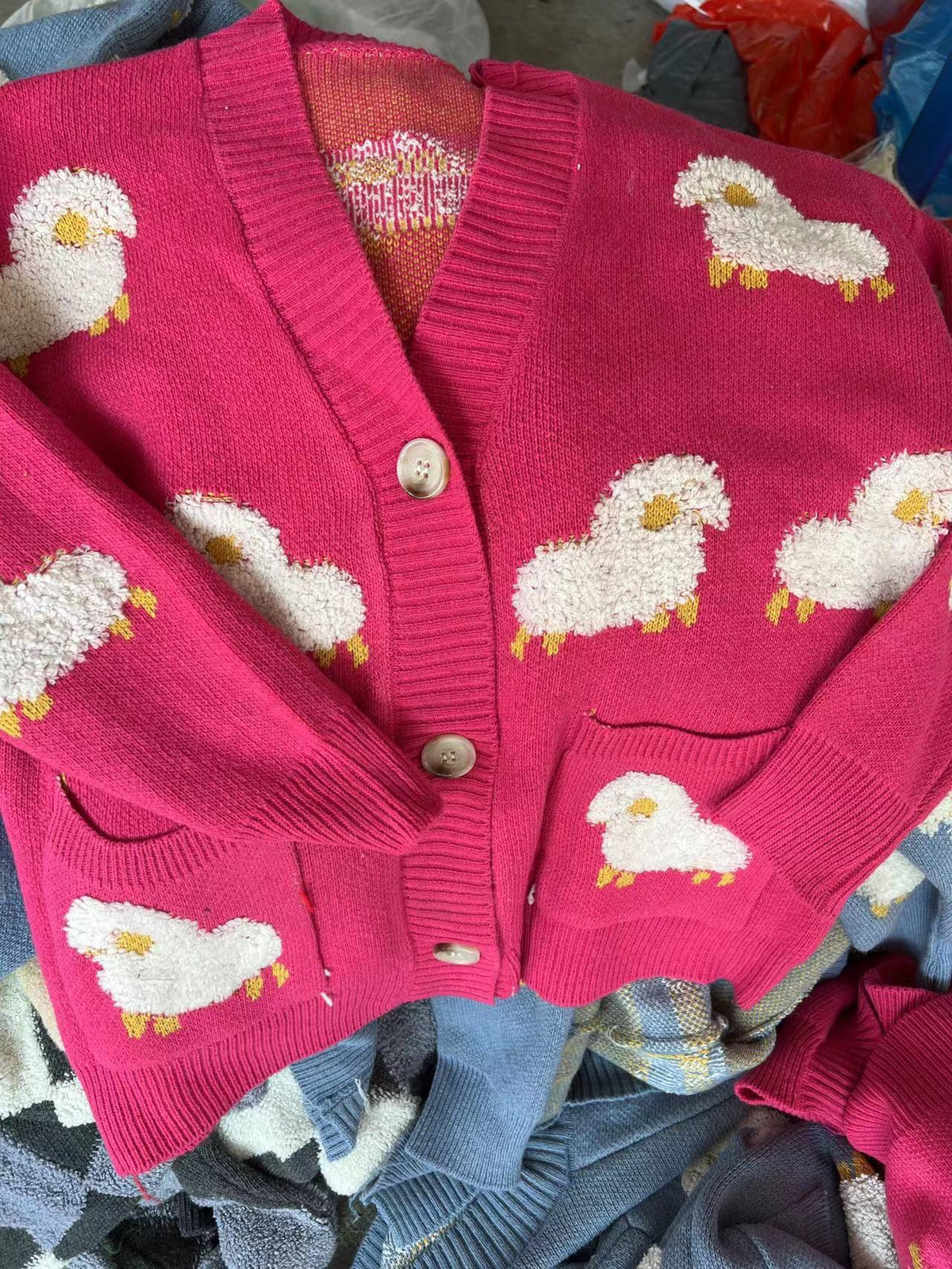 Streetwave Women Knit Cardigan With Playful Sheep Motif Cozy Cotton Blend Pockets