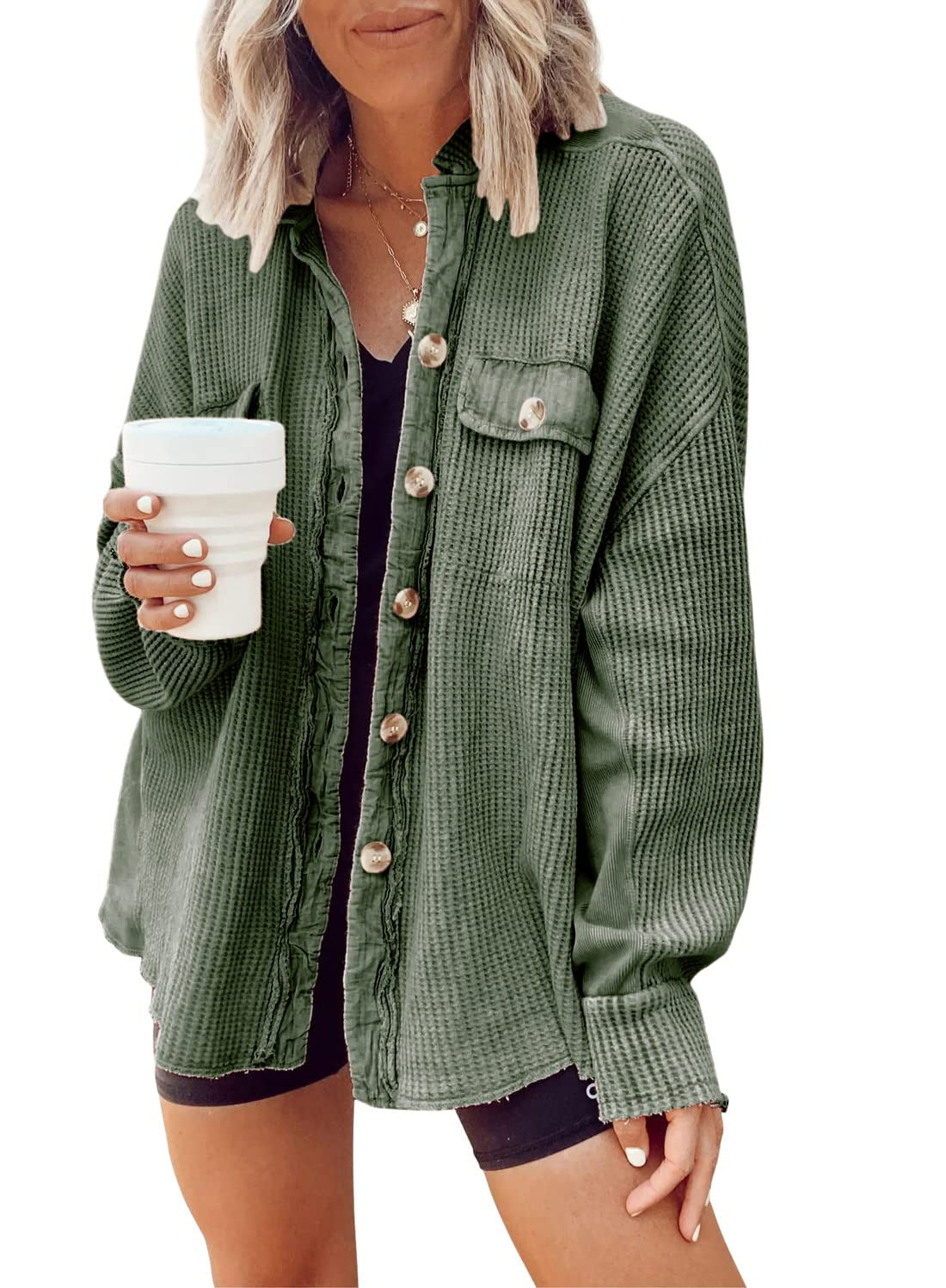Streetwave Womens Oversized Waffle Knit Shirt Jacket Breathable Comfort Versatile Layering