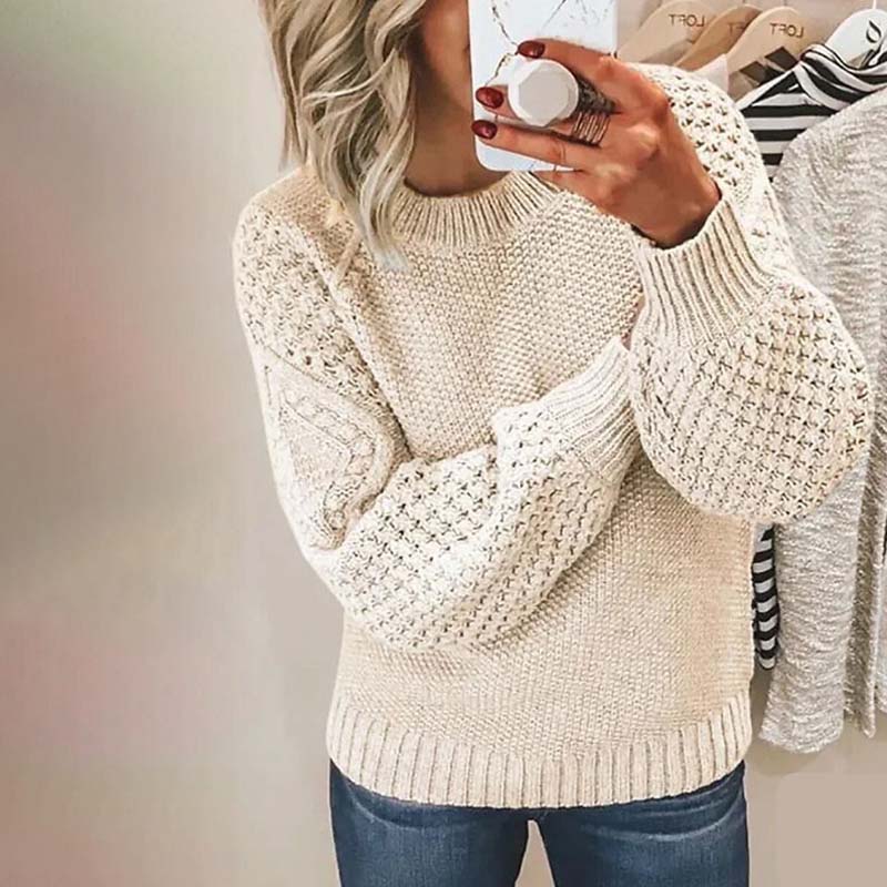Street-Wave Solid Knit Pullover For Women Cozy Cotton Cashmere Blend All-Season Lantern Sleeves
