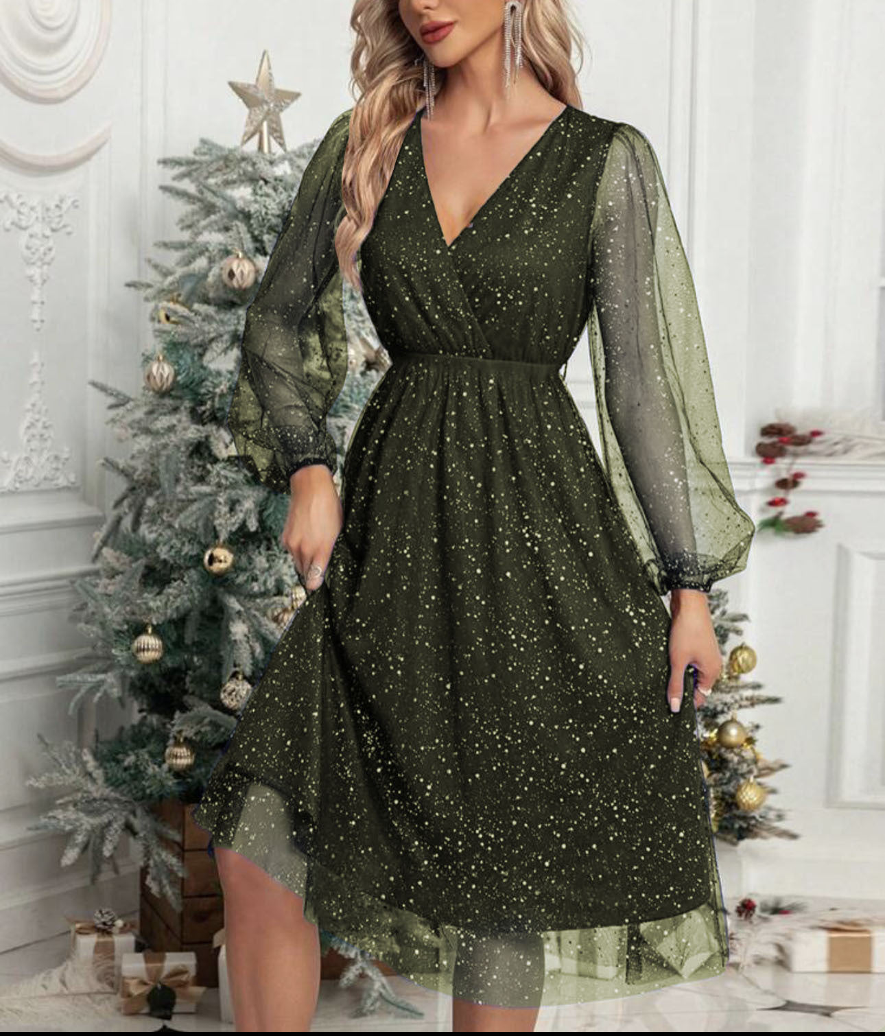 Street Wave Glamorous Women's Midi Dress With Sheer Puff Sleeves And Sparkling Sequin Pattern