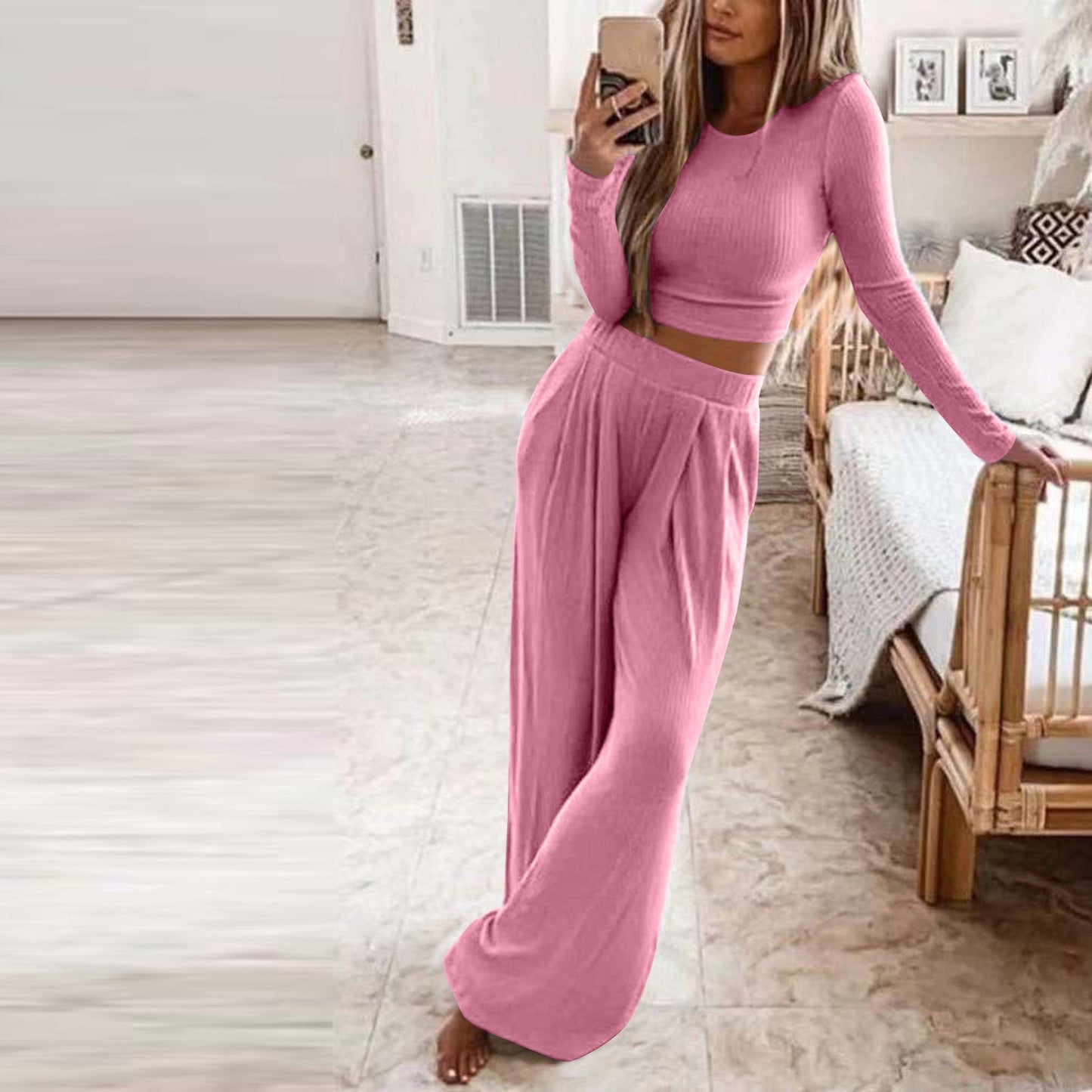 Streetwave Elegant Womens Comfortable Lounge Set With Long Sleeve Top And Wide Leg Pants For Women