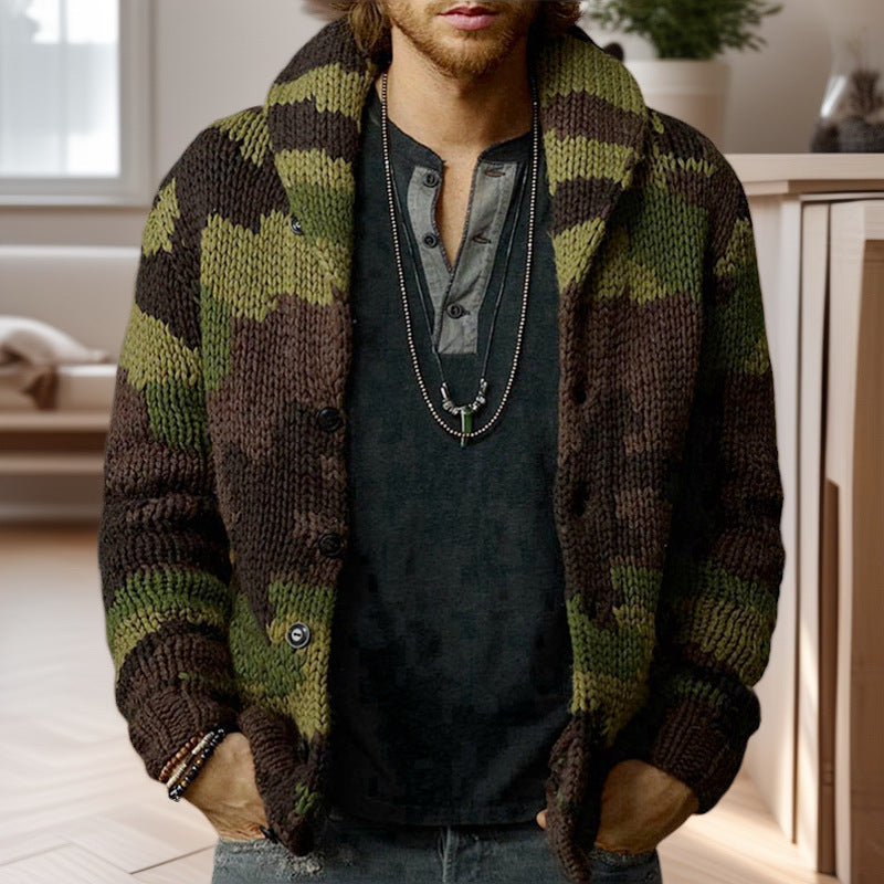 Street-wave Camouflage Cardigan For Men Warm Wool Knit With High Collar Cozy Streetwear