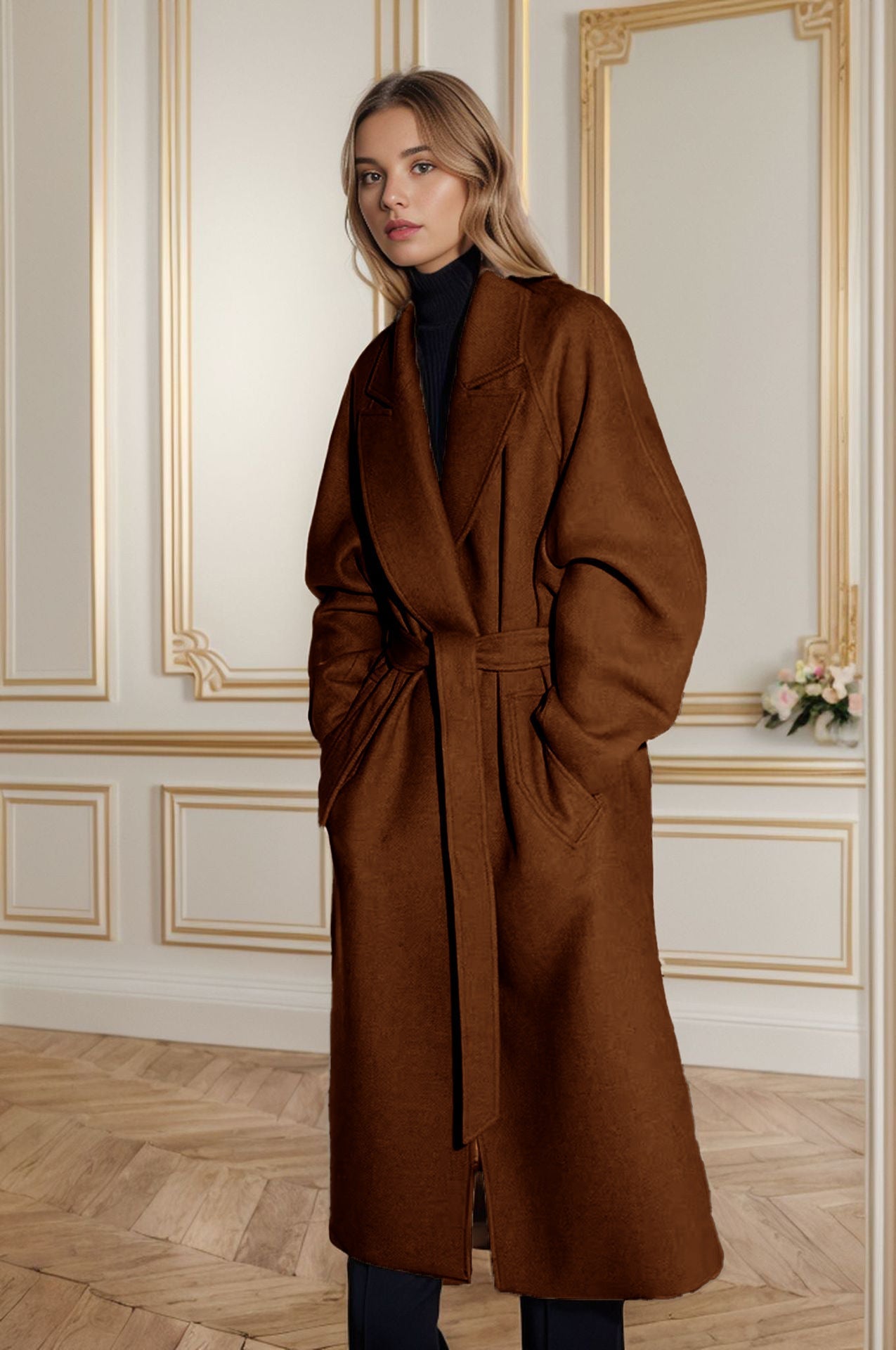 Street Wave Women's Elegant Wool Coat With Belt And Wide Sleeves For Sophisticated Style